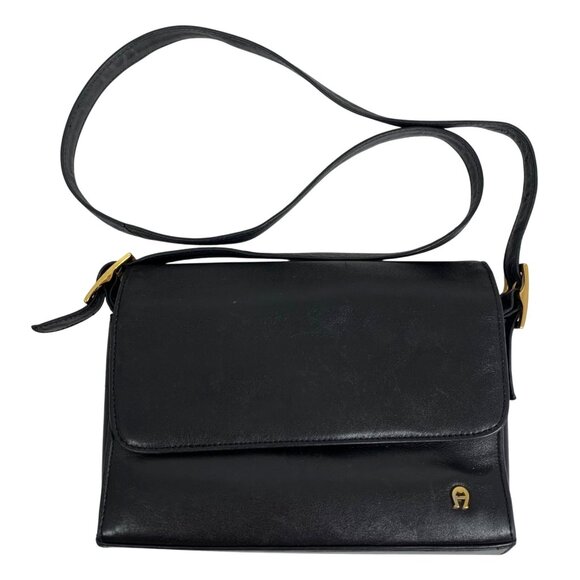Etienne Aigner Front Flap Black Leather Crossbody Shoulder Bag Buckle Straps Y2K - Picture 1 of 12
